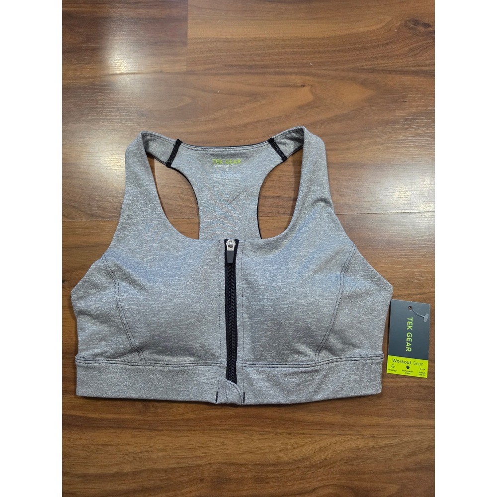 NWT Tek Gear Sports Bra Small Gray Zip Front Medium Impact Racerback